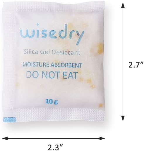 Wisedry 10 gram silica gel packet shown as a compact desiccant size option for small containers