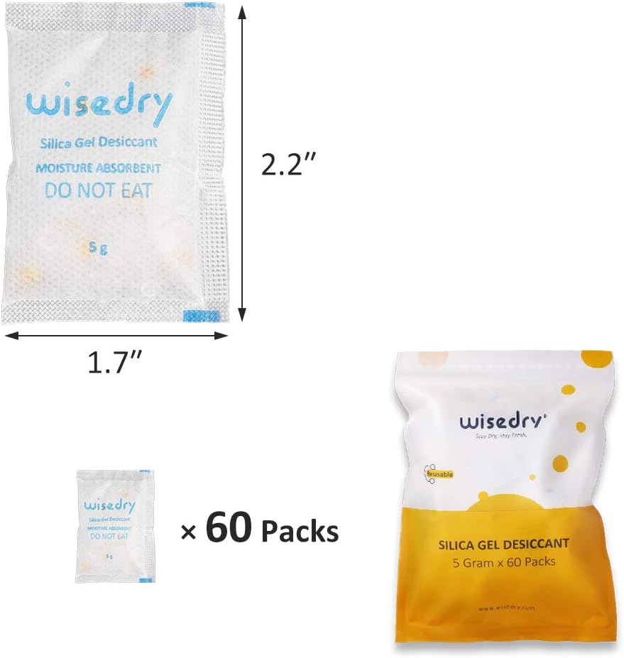 Intact Wisedry silica gel sachets and packaging shown for a physical condition check before use