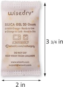 Wisedry 20 gram rechargeable silica gel packet with orange-to-dark-green indicator instructions