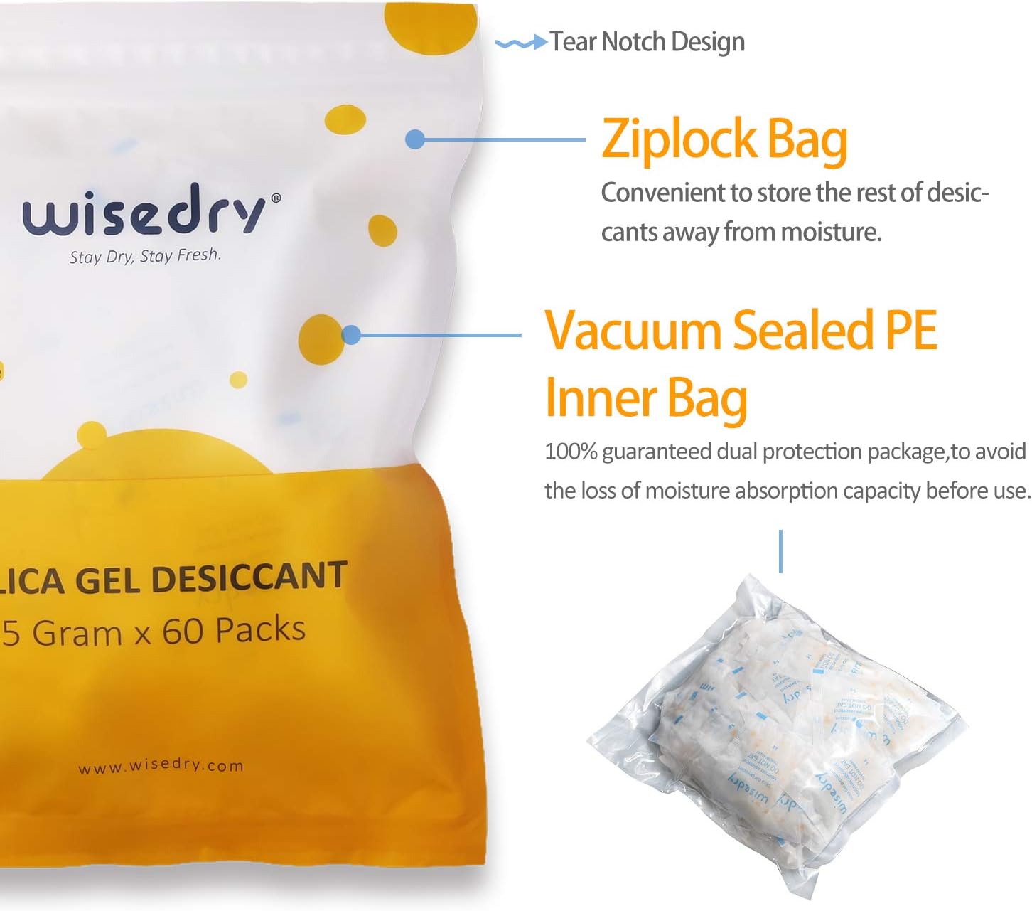Wisedry 5 gram rechargeable silica gel packets in sealed product packaging