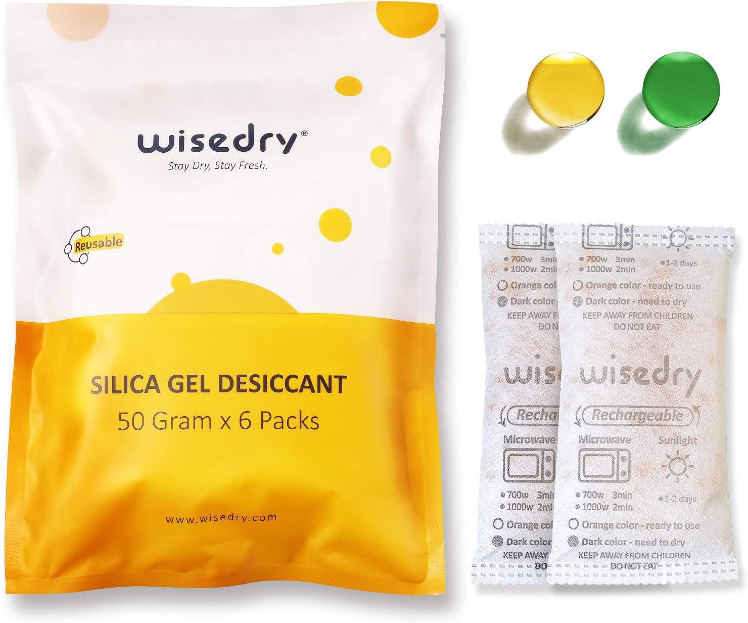 Wisedry 50 gram rechargeable silica gel packets shown in official product packaging