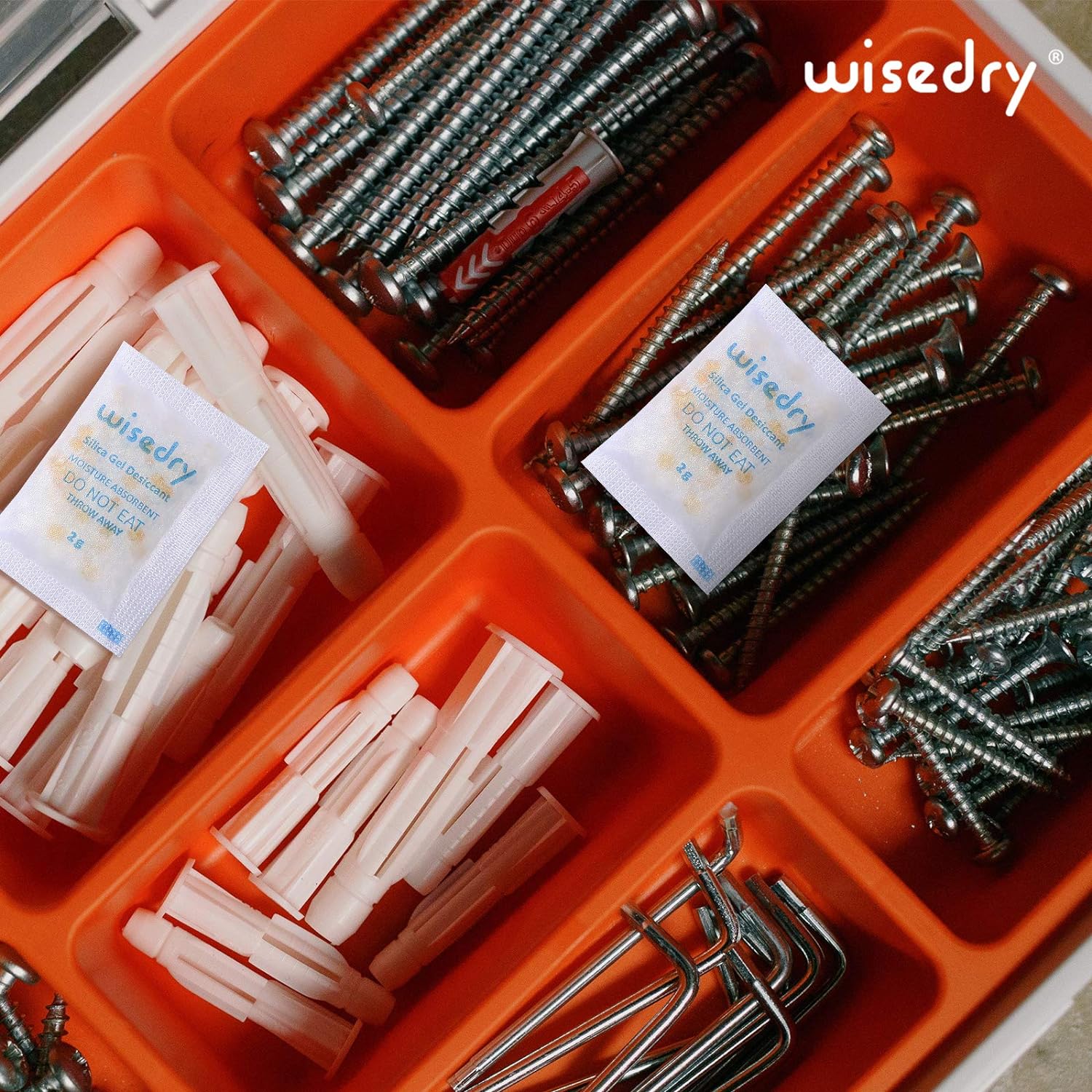 Wisedry small silica gel packets arranged for flexible placement in a storage container opened every day