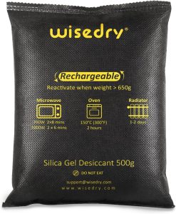 Wisedry 500g rechargeable silica gel bag with printed reactivation instructions ready for a monthly storage-box check