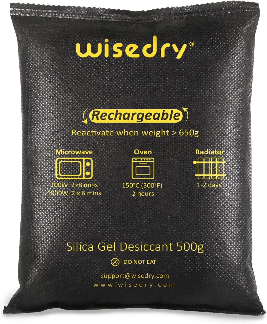 Wisedry 500g rechargeable silica gel bag with printed reactivation instructions ready for a monthly storage-box check