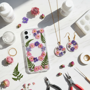 Pressed flowers arranged for custom phone cases and jewelry