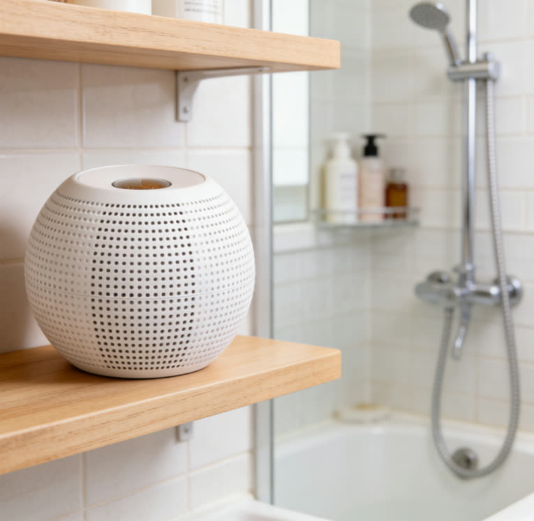 Small bathroom dehumidifier device on a shelf near a shower
