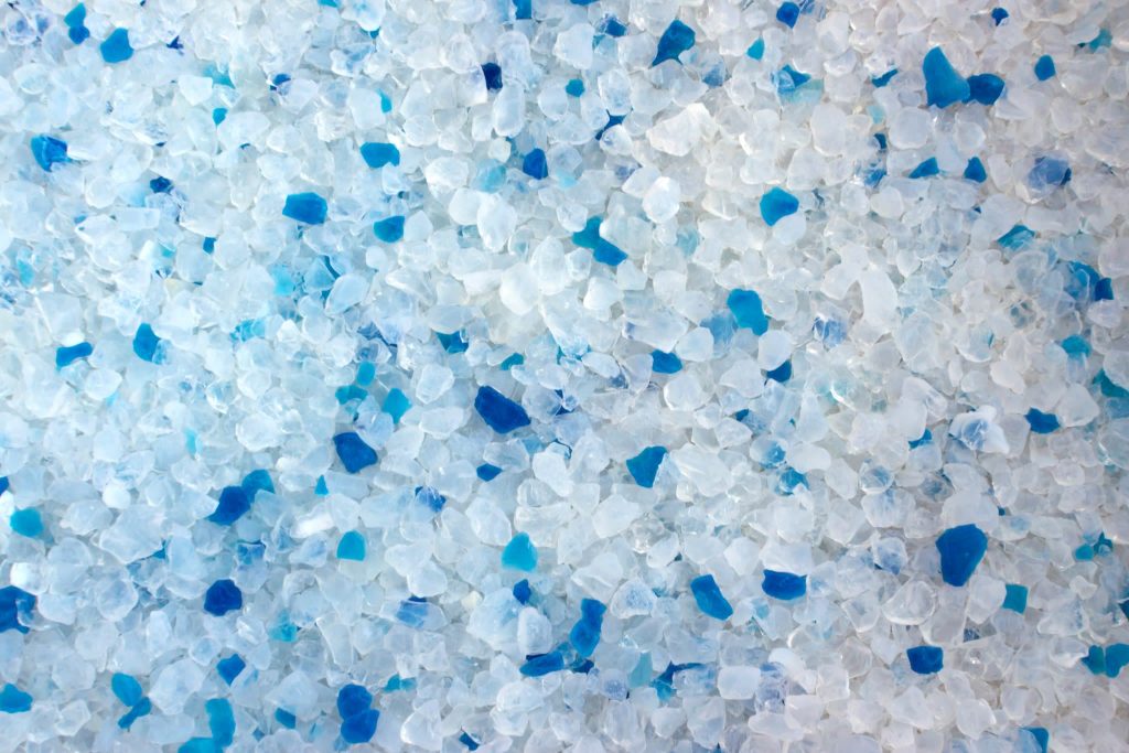 Blue indicating silica gel beads close up