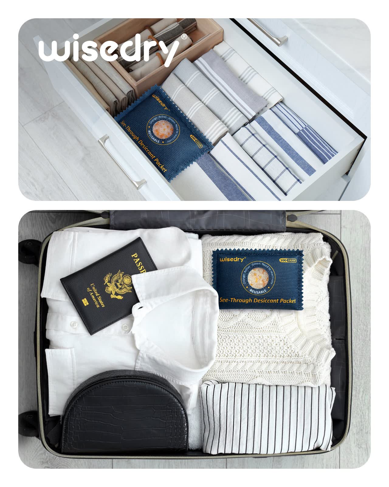 Wisedry desiccant packet stored with clothing for moisture control