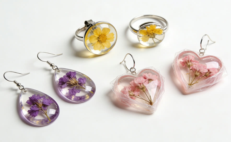Dried flower resin earrings and rings on a white background
