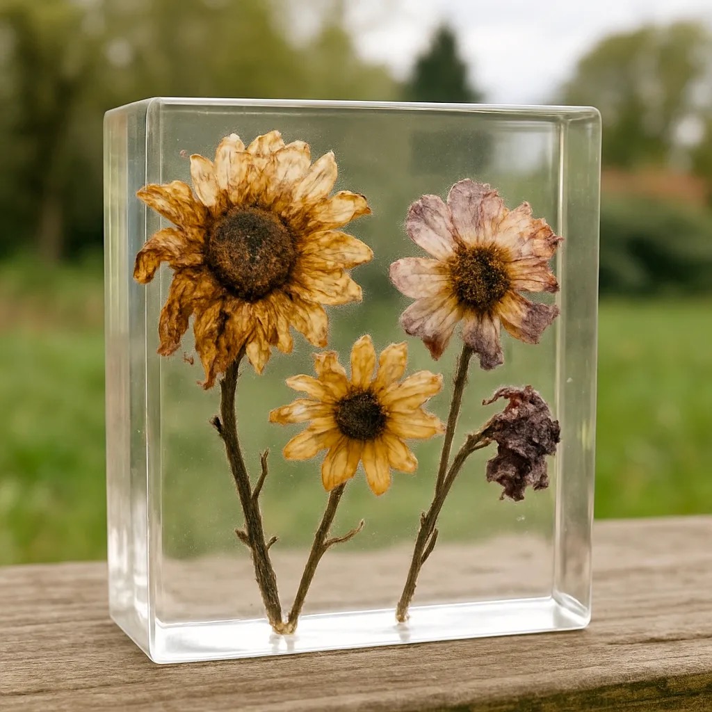 Dried flowers preserved inside a clear epoxy resin block