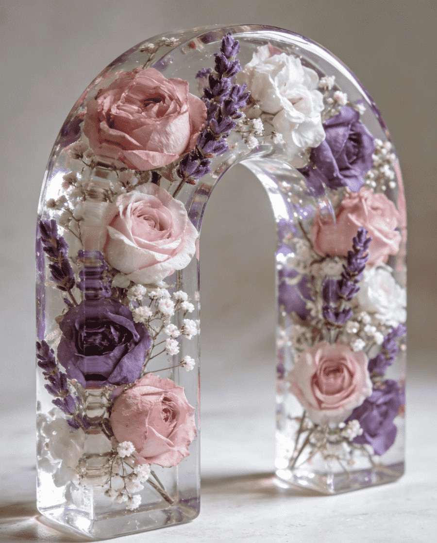 Dried flowers preserved in a clear epoxy resin arch gift