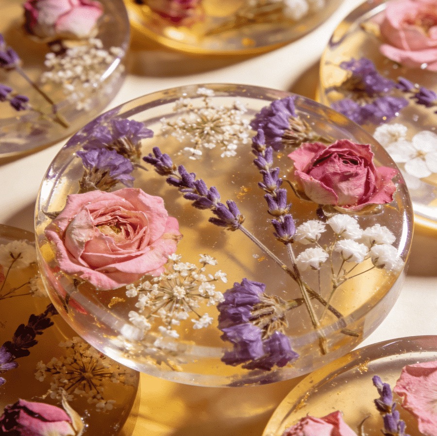 Dried flowers preserved in round epoxy resin keepsakes