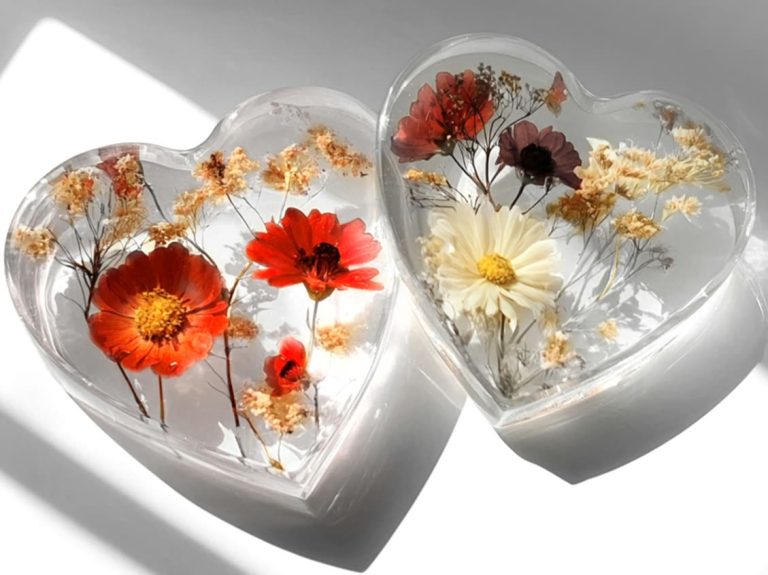 Heart-shaped epoxy resin pieces preserving dried flowers