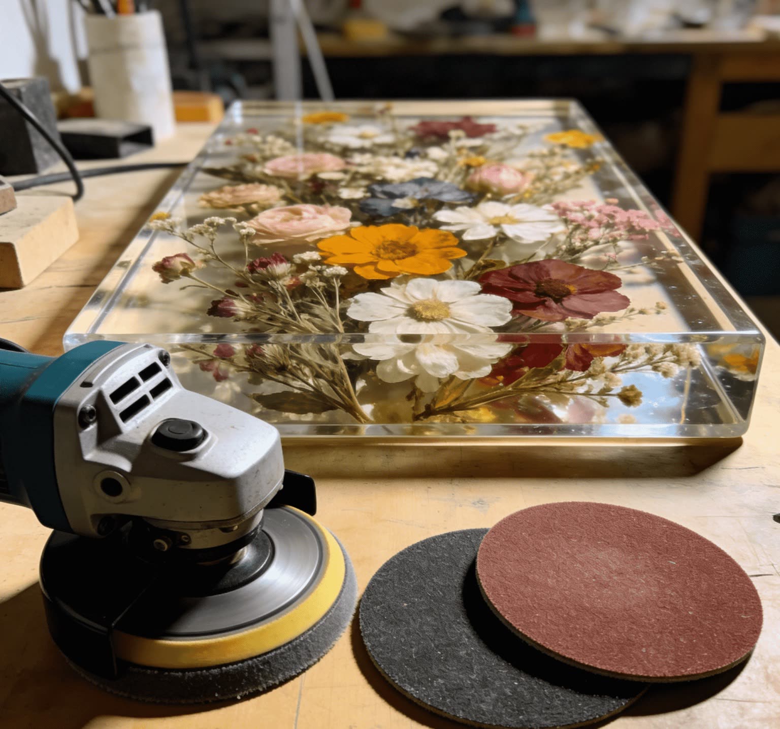Epoxy resin sanding process for dried flower craft projects
