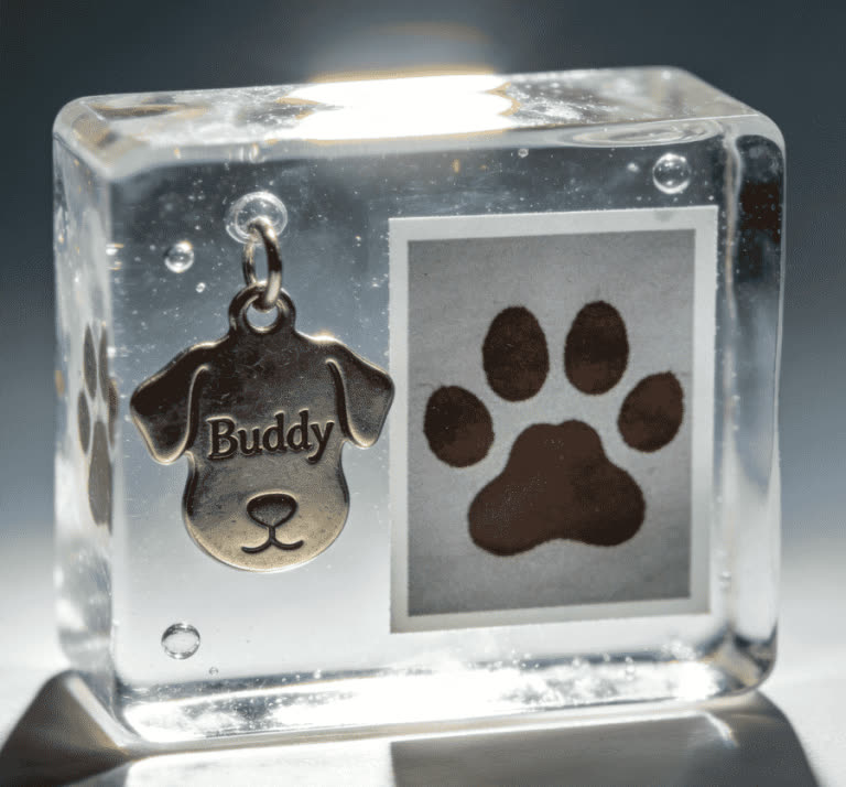 Pet paw print and charm preserved in a clear resin keepsake block