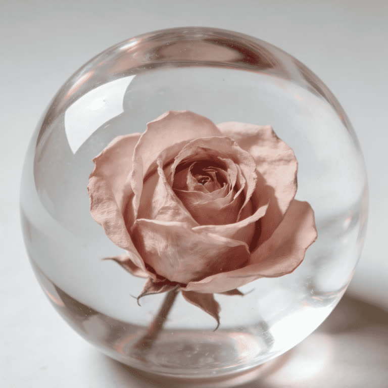 Pink dried rose preserved inside a clear resin sphere