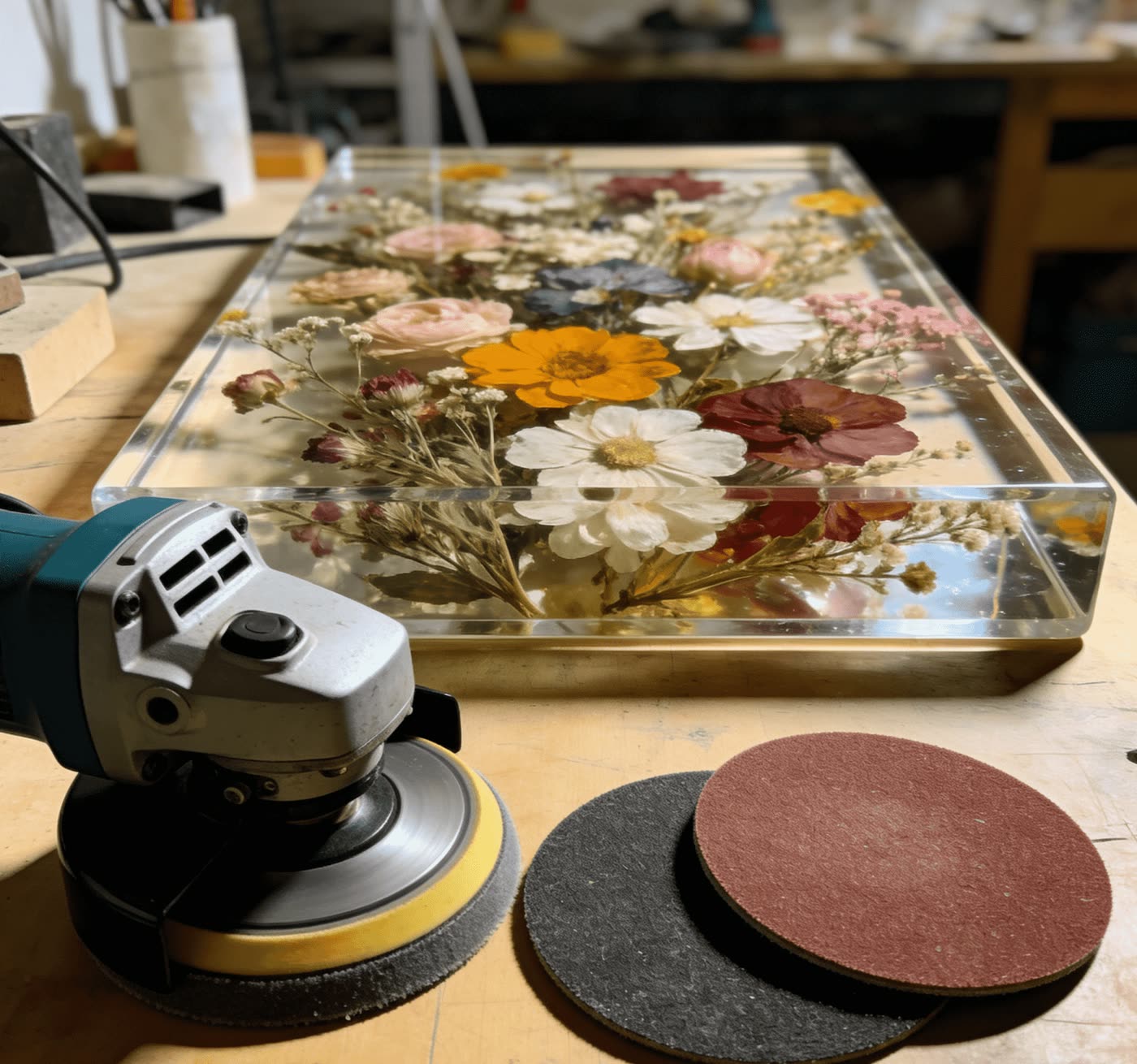 Polished dried flower resin block with sanding discs