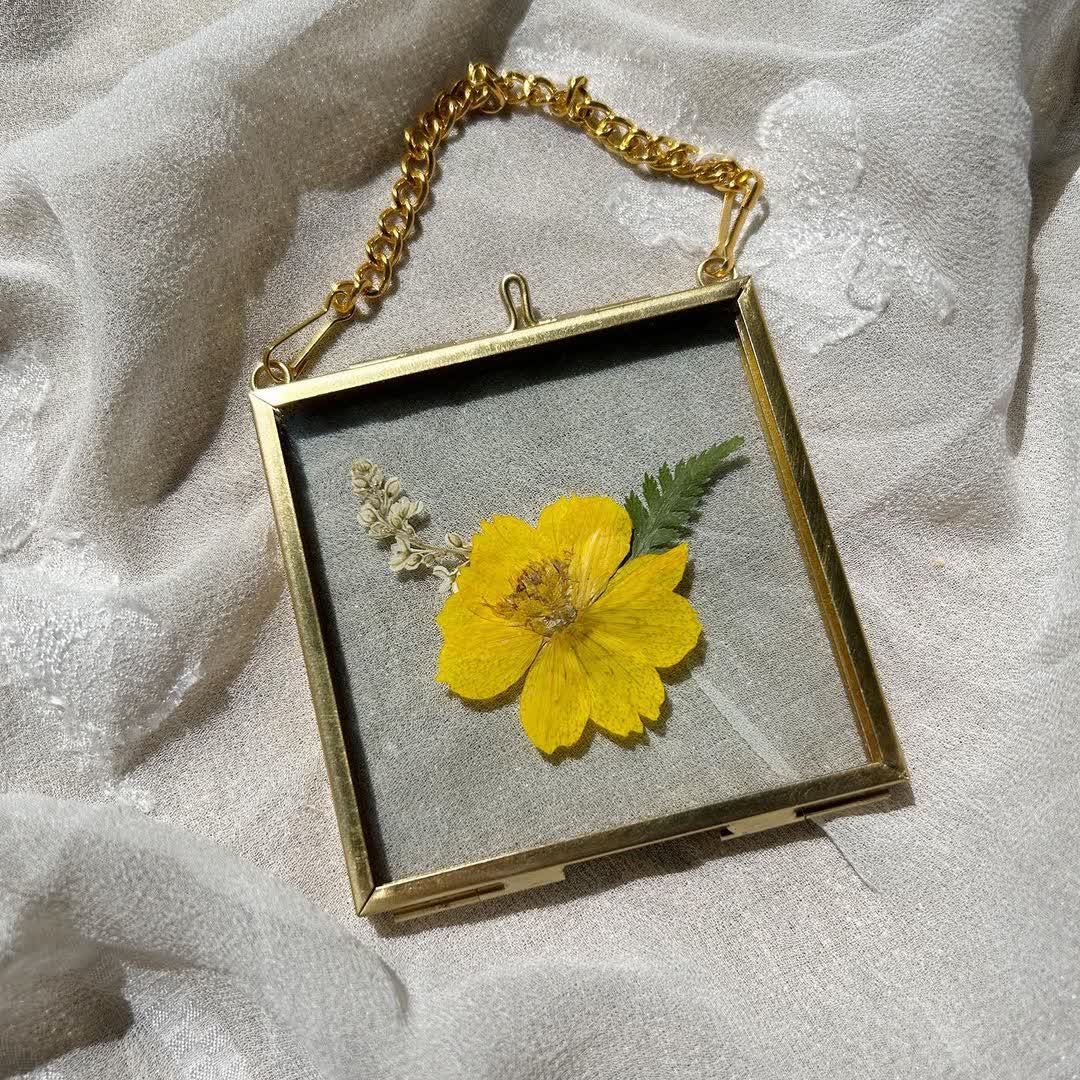 Pressed yellow flower preserved in a small glass frame