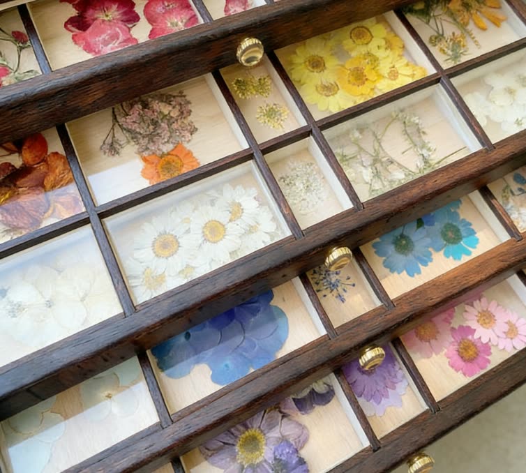 Pressed flowers stored flat for long-term preservation