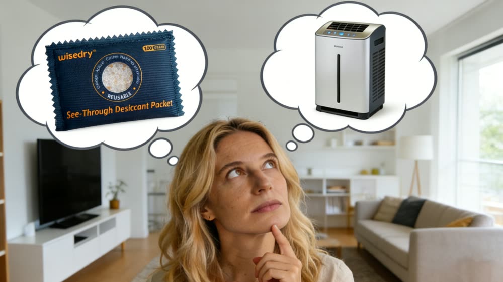 Woman comparing a Wisedry desiccant packet with a room dehumidifier