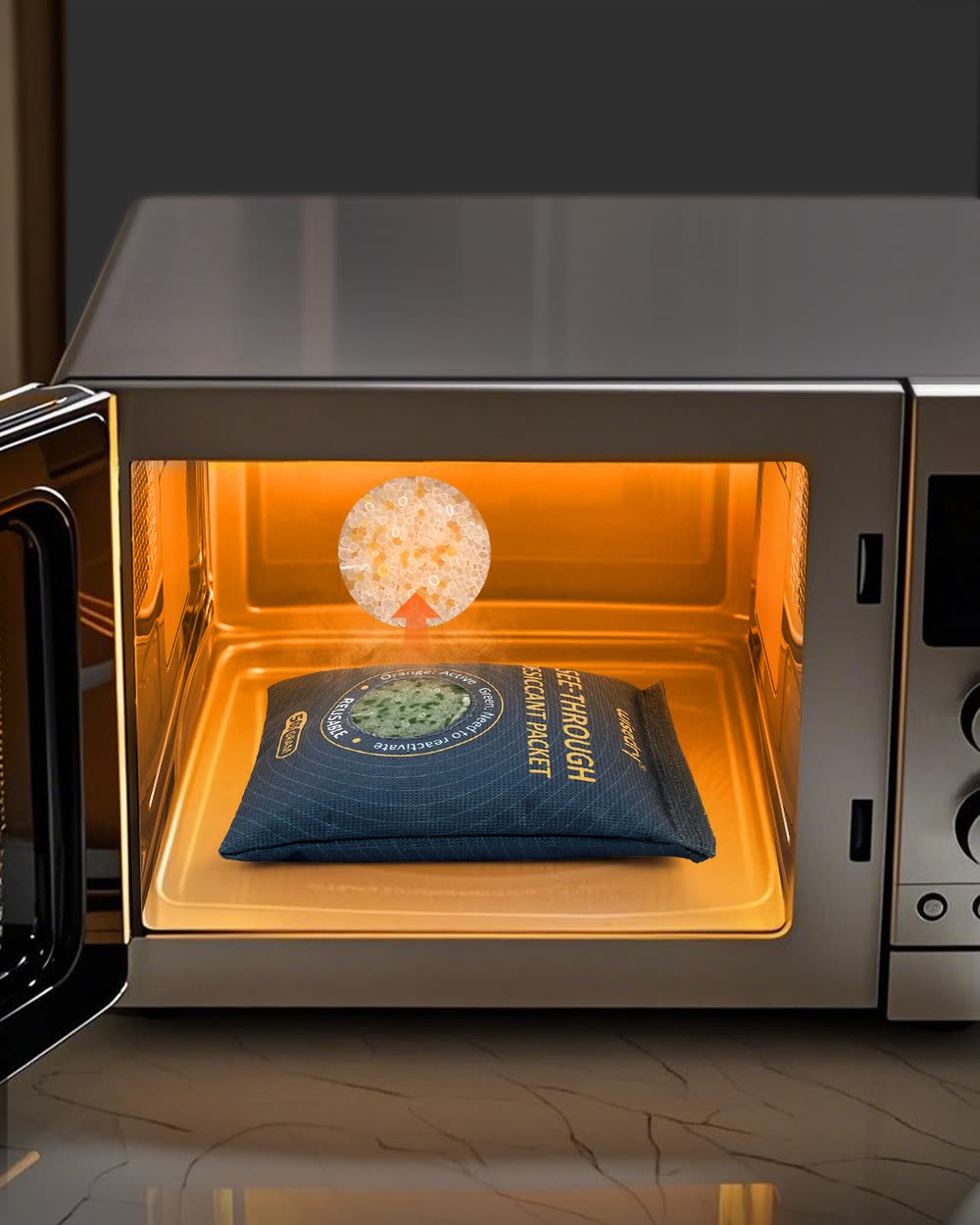 Wisedry see-through desiccant packet recharging in a microwave