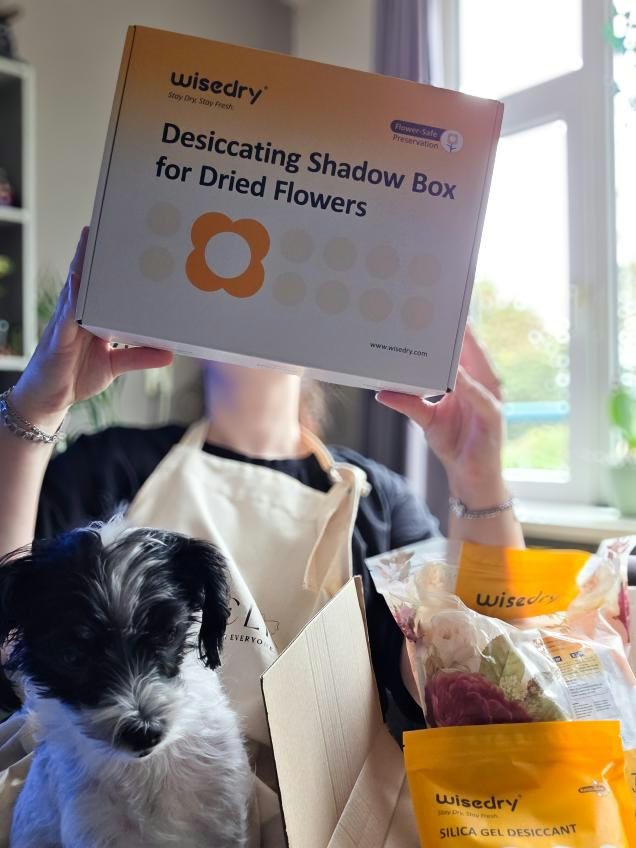Customer holding Wisedry desiccating shadow box kit for dried flowers