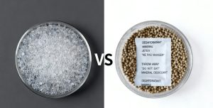 Silica gel beads compared with clay desiccant packets