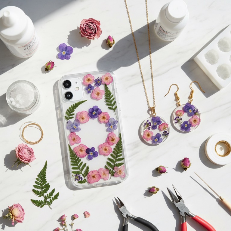 Pressed flowers arranged for custom phone cases and jewelry