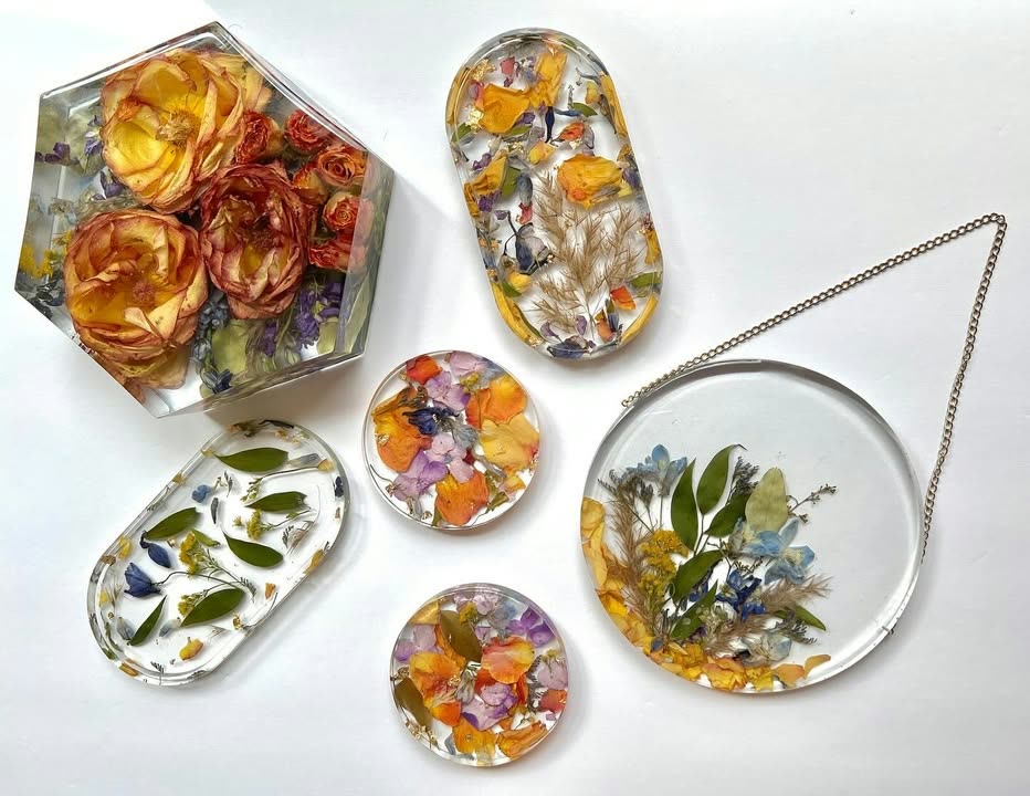 Dried flower resin keepsakes and wall hanging by Rock Paper ESI