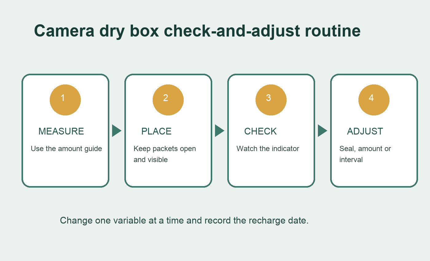 Camera dry box workflow showing silica gel packet placement indicator checks and recharging