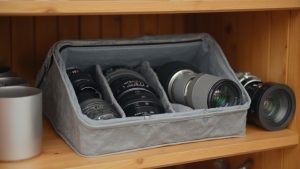 Camera body and lenses stored in a sealed dry box with silica gel packets in open side compartments