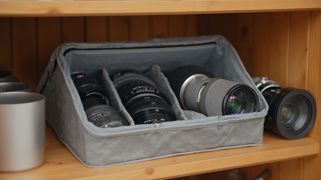 Camera body and lenses stored in a sealed dry box with silica gel packets in open side compartments