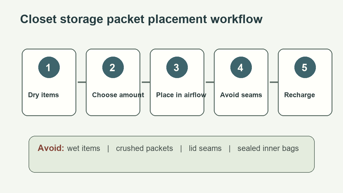 Closet storage workflow showing dry items packet amount airflow placement seam avoidance and recharge checks