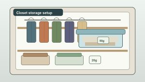 Closet storage containers and clothing with visible Wisedry silica gel packets