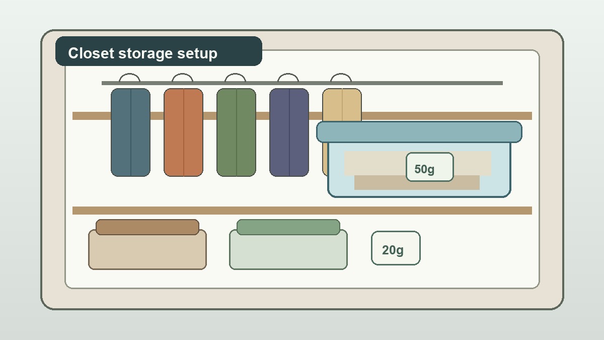 Closet storage containers and clothing with visible Wisedry silica gel packets