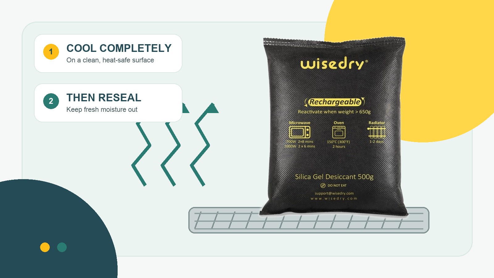 Wisedry rechargeable silica gel packet cooling on a heat-safe rack before reuse