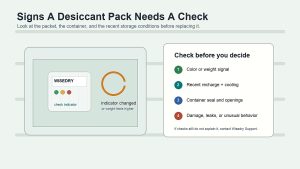Desiccant pack in a storage box with a checklist for performance checks