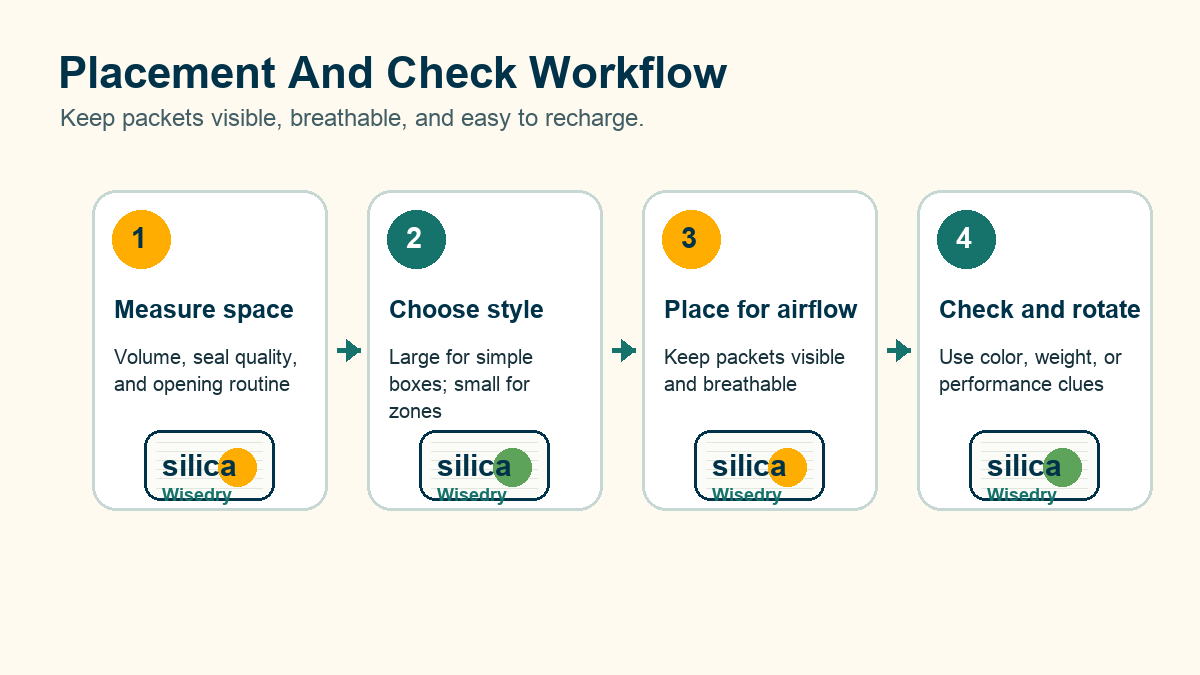 Workflow for choosing placing checking and rotating Wisedry silica gel desiccant packets