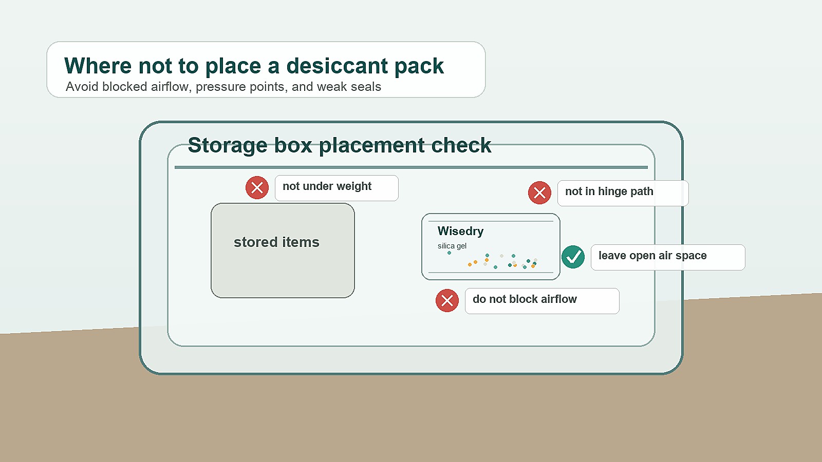 Desiccant pack placed in a storage box with labels showing pressure and airflow placement mistakes