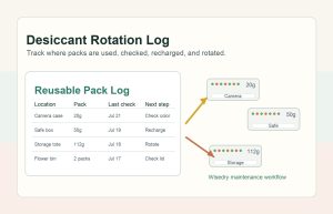 Wisedry desiccant rotation log for reusable silica gel packs