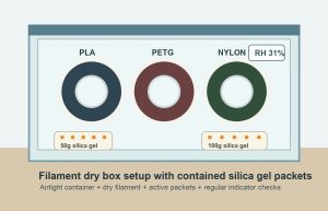 3D printer filament spools stored in an airtight dry box with reusable silica gel packets