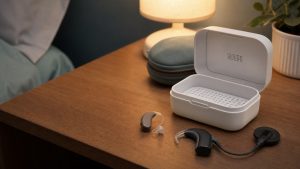 Hearing aid and cochlear implant sound processor beside a compact dry box prototype on a bedside table