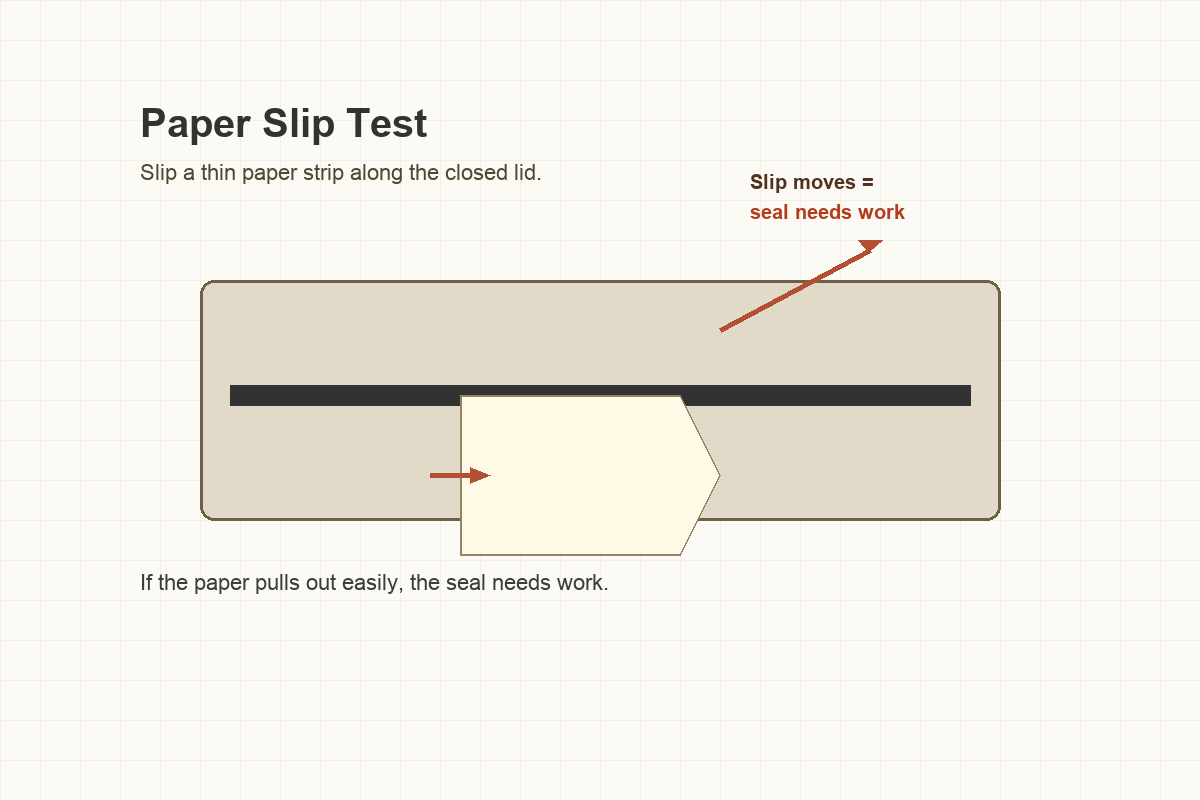 Paper slip test along a closed storage tote lid