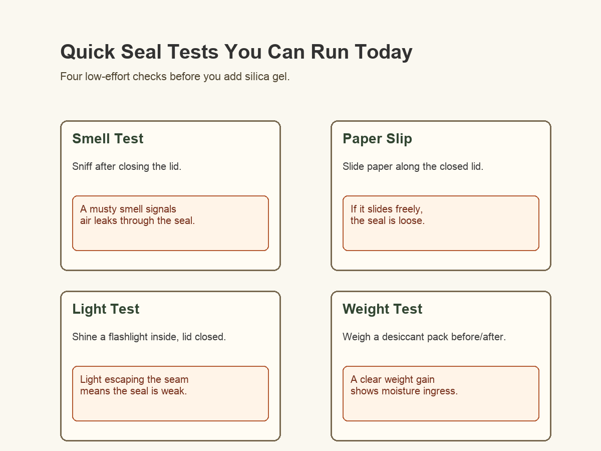 Four quick container seal check methods: smell, paper slip, light, and weight