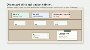 Storage cabinet with organized Wisedry silica gel packets and recharge zones