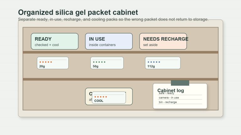 Real Wisedry silica gel packets and rechargeable sachets organized inside a dry storage cabinet
