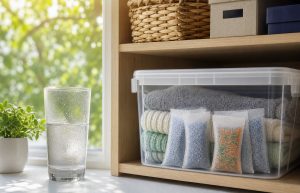 Silica gel packets in a summer storage box near a humid window
