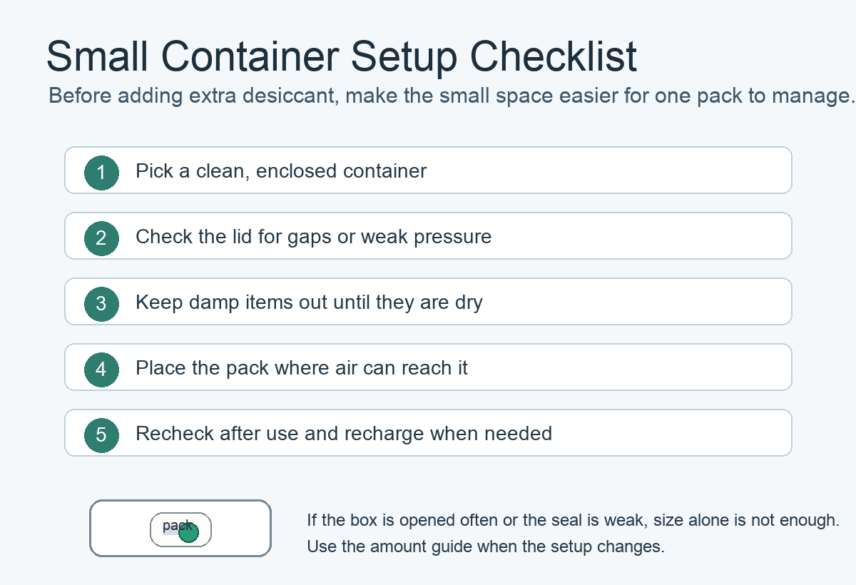 Checklist for setting up a small container with a desiccant pack