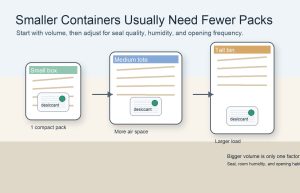Smaller storage containers with fewer desiccant packs shown beside larger bins
