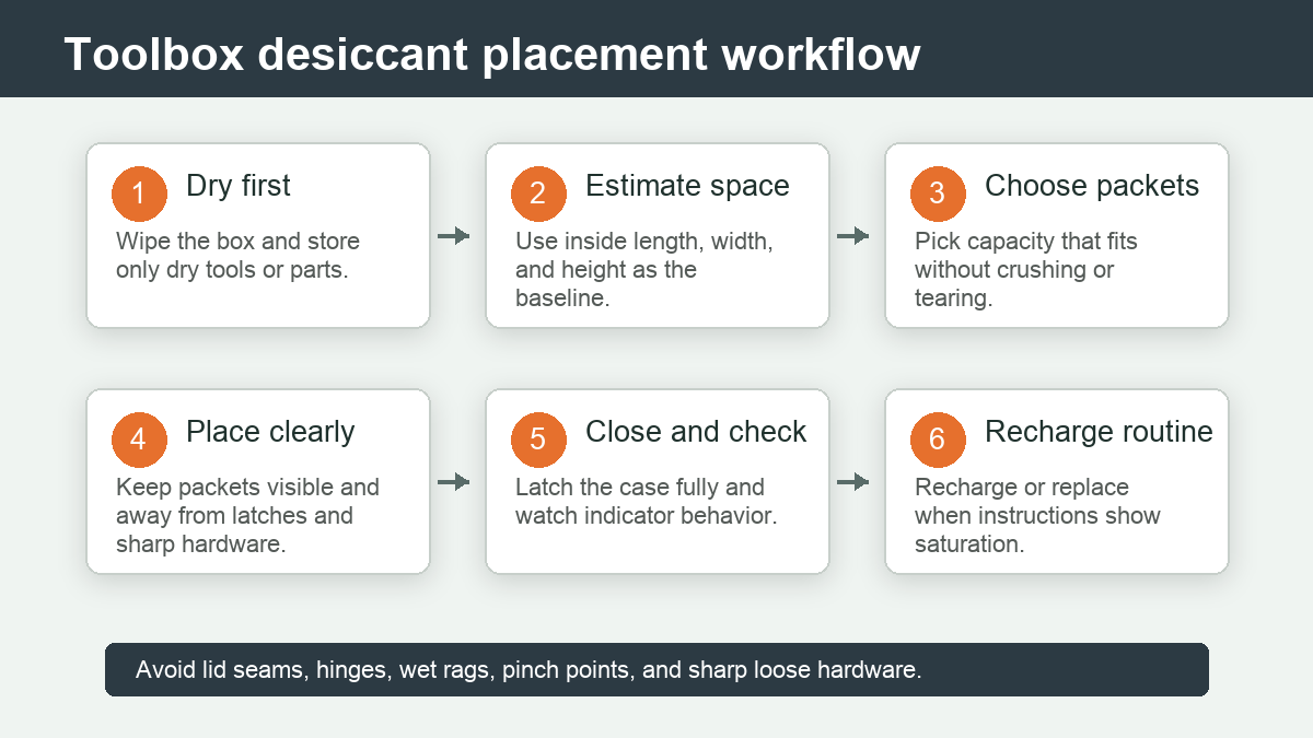 Toolbox desiccant placement workflow showing dry contents packet choice placement checks and recharge routine